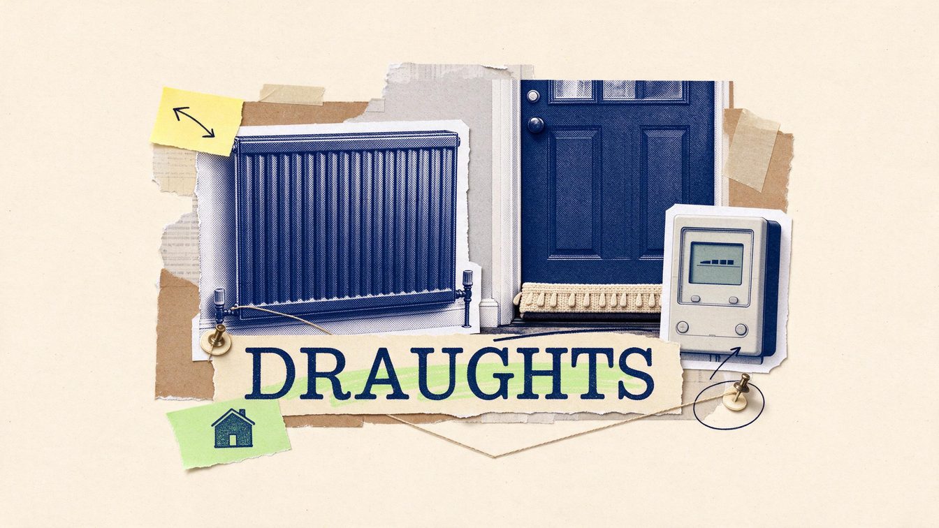 A paper collage of a radiator, a draught excluder and a smart meter display, with a caption reading DRAUGHTS