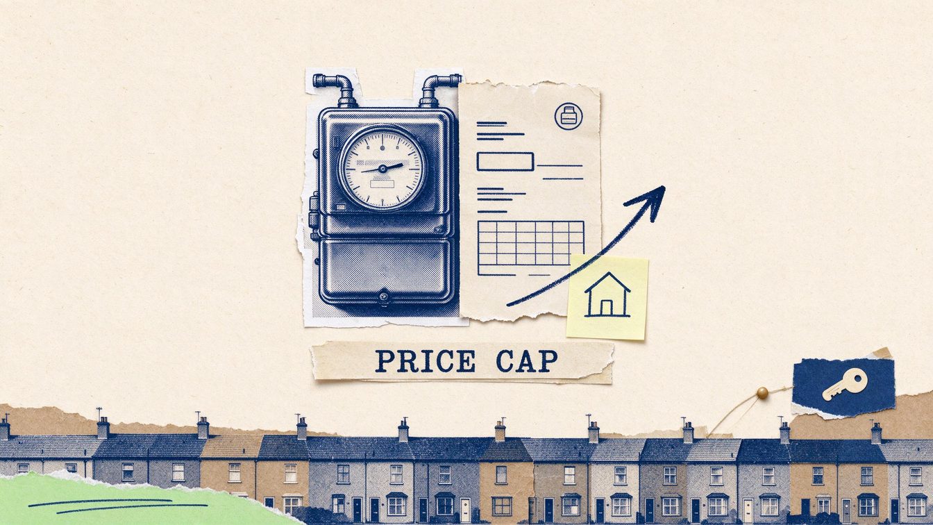 A paper collage of a gas meter and a utility bill with a rising arrow above a row of terraced houses, with a caption reading PRICE CAP