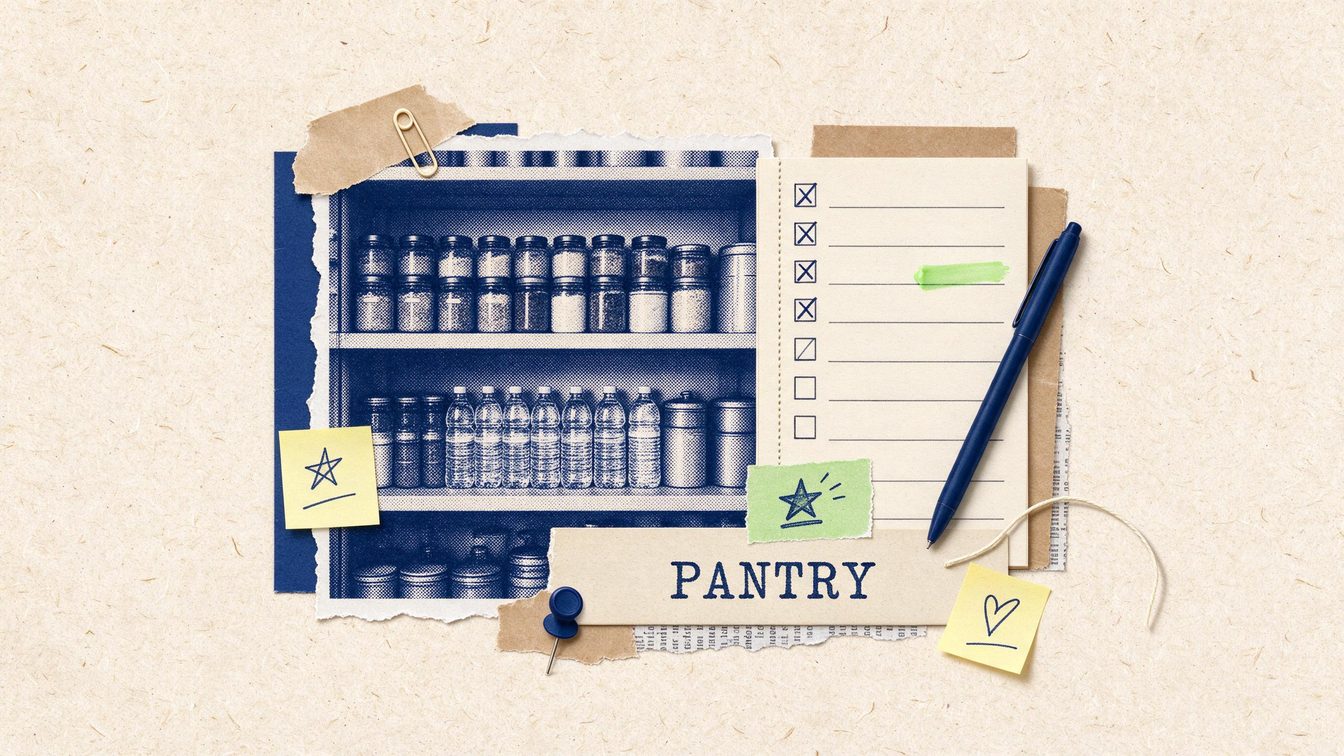 A paper collage of pantry shelves with jars and water bottles beside a ticked checklist, with a caption reading PANTRY