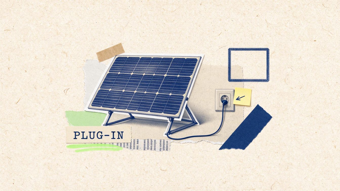 A paper collage of a small balcony solar panel with a cable to a wall socket, with a caption reading PLUG-IN