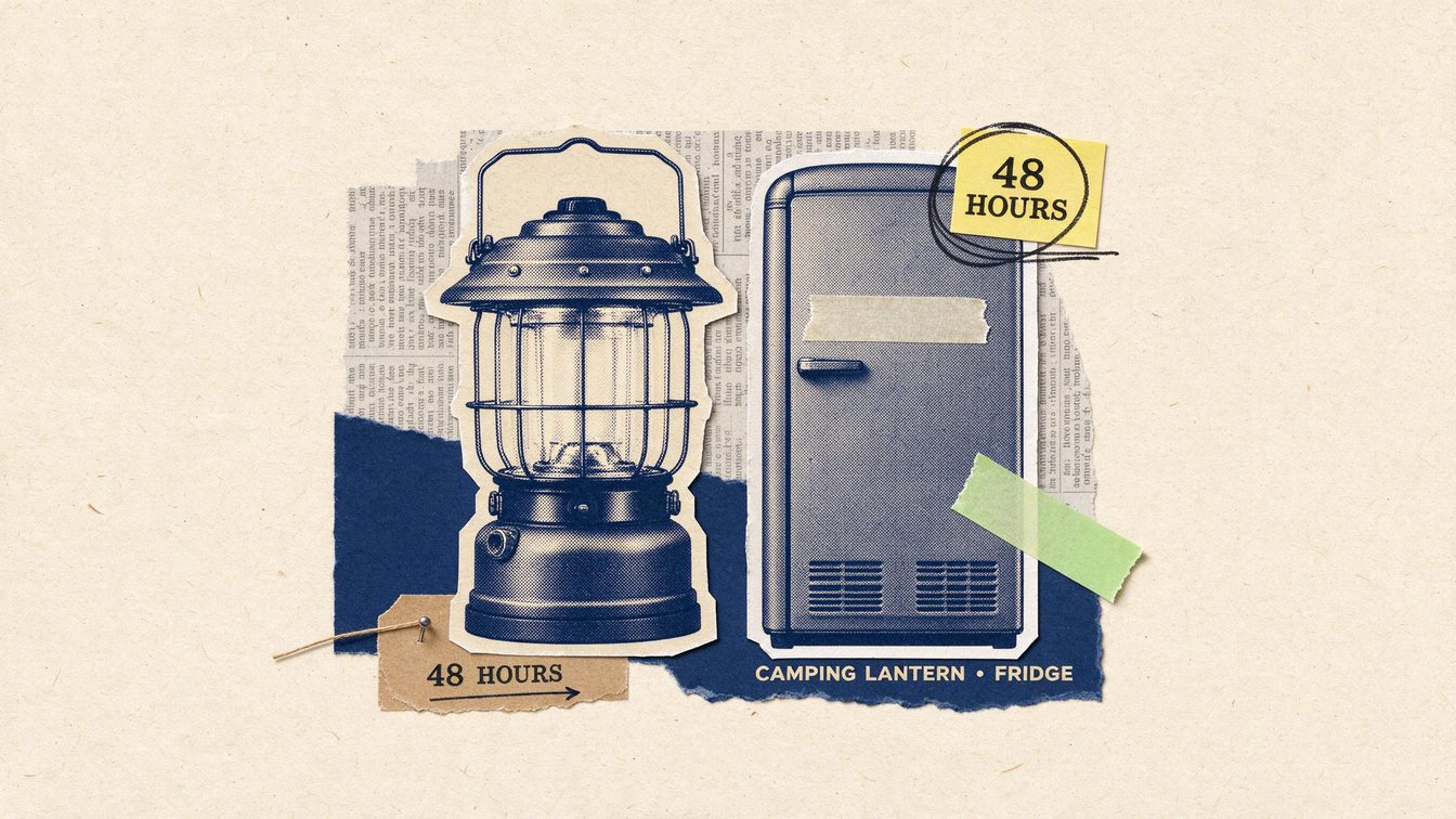 A paper collage of a camping lantern beside a taped-shut fridge, with a note reading 48 HOURS