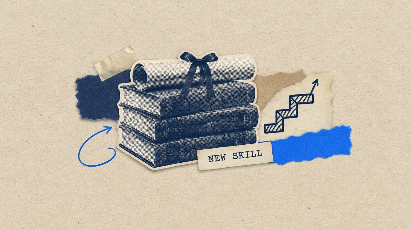 A paper collage of a stack of books with a rolled certificate, a three-step staircase and a caption reading NEW SKILL