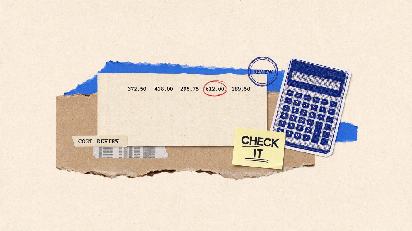 A cut-paper collage of a printed page with one line of figures circled in marker, a calculator, a rubber stamp and a sticky note reading CHECK IT