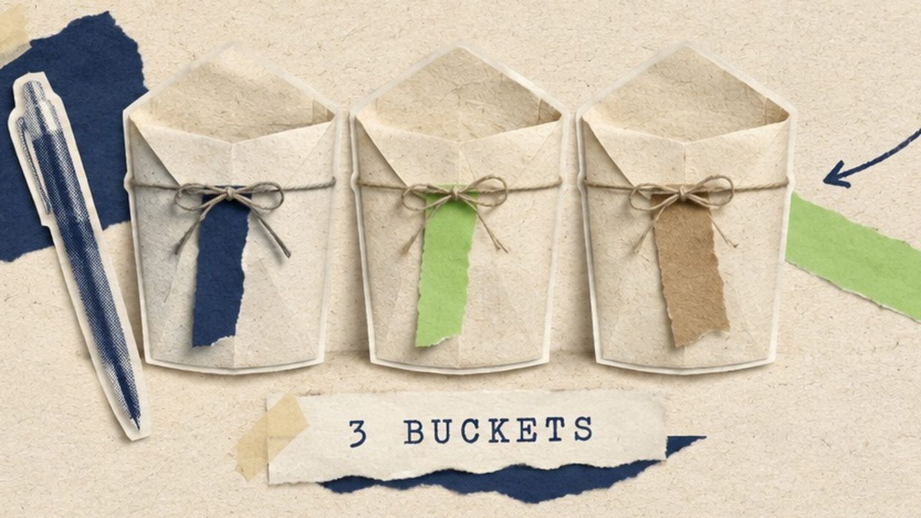A cut-paper collage of three string-tied envelopes standing like buckets, with a caption reading 3 BUCKETS