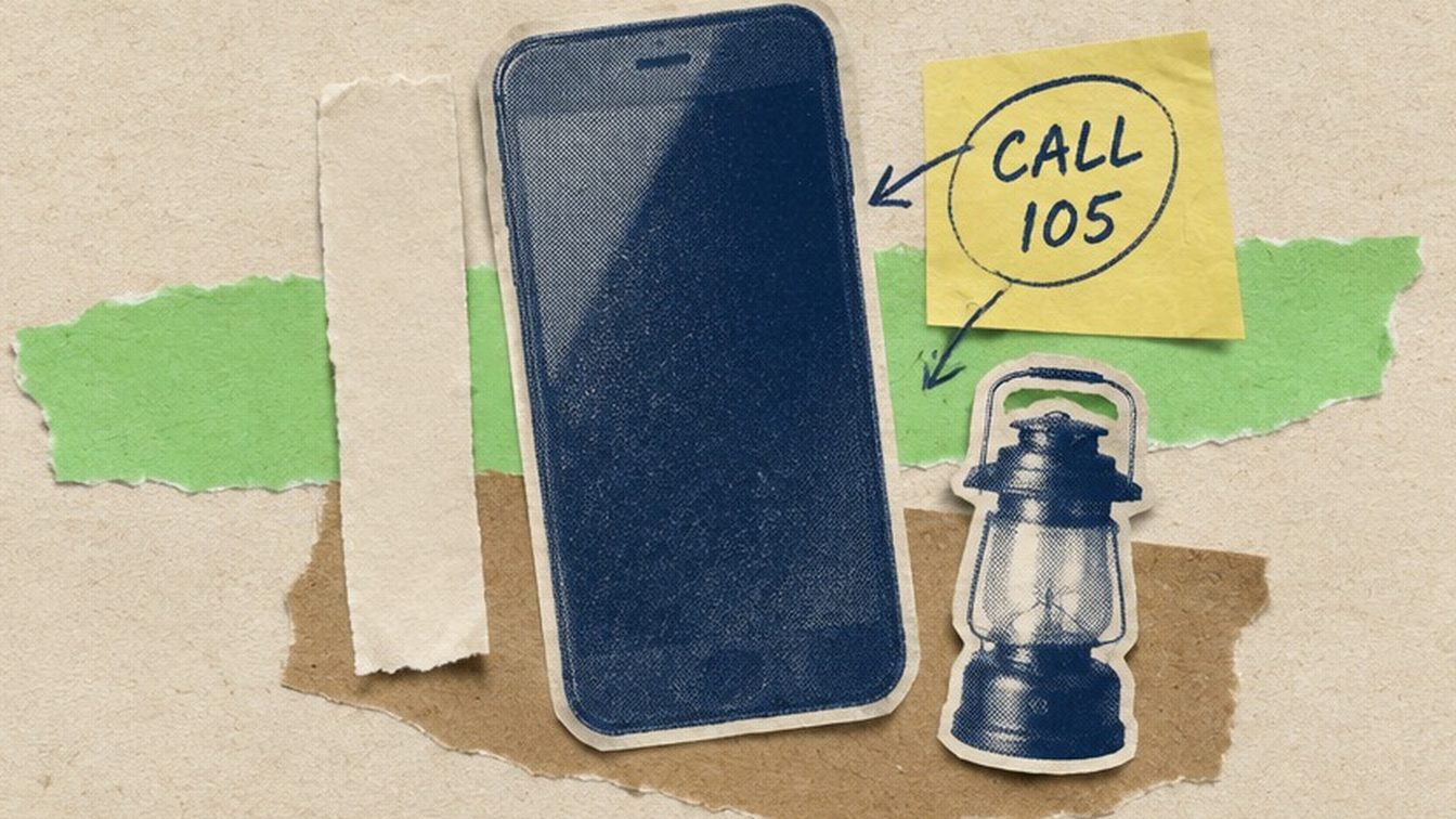 A cut-paper collage of a smartphone beside a note reading CALL 105 and a small camping lantern