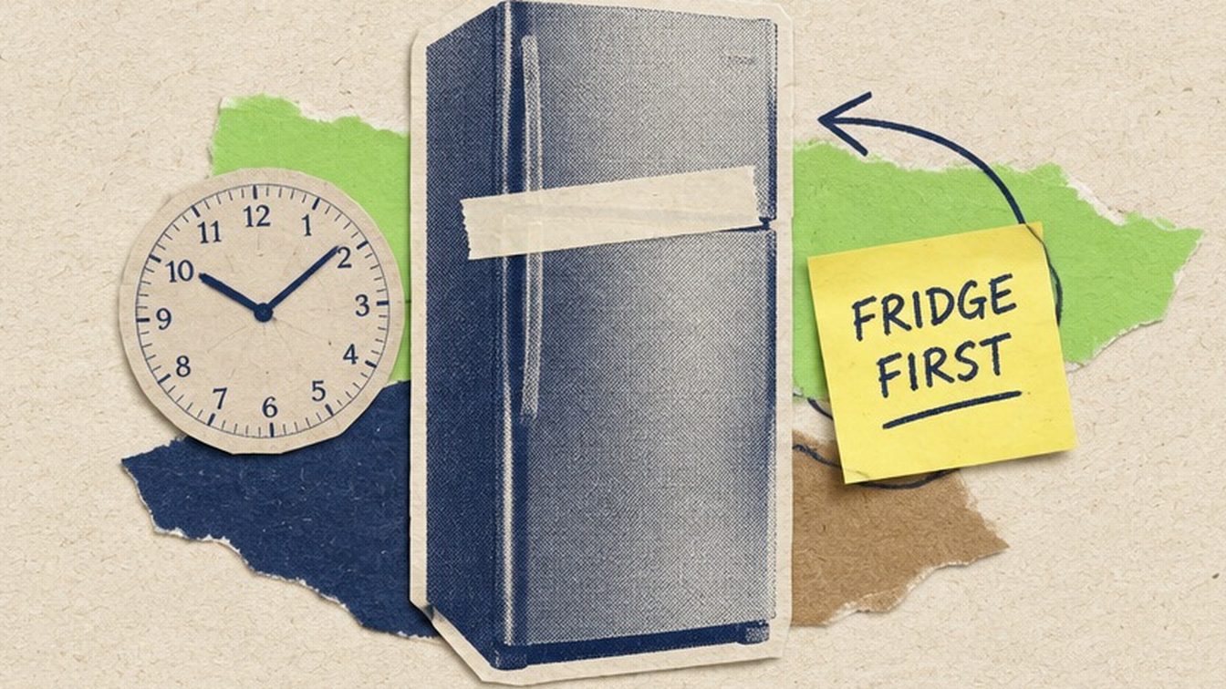 A cut-paper collage of a closed fridge with masking tape across the door, a clock and a note reading FRIDGE FIRST