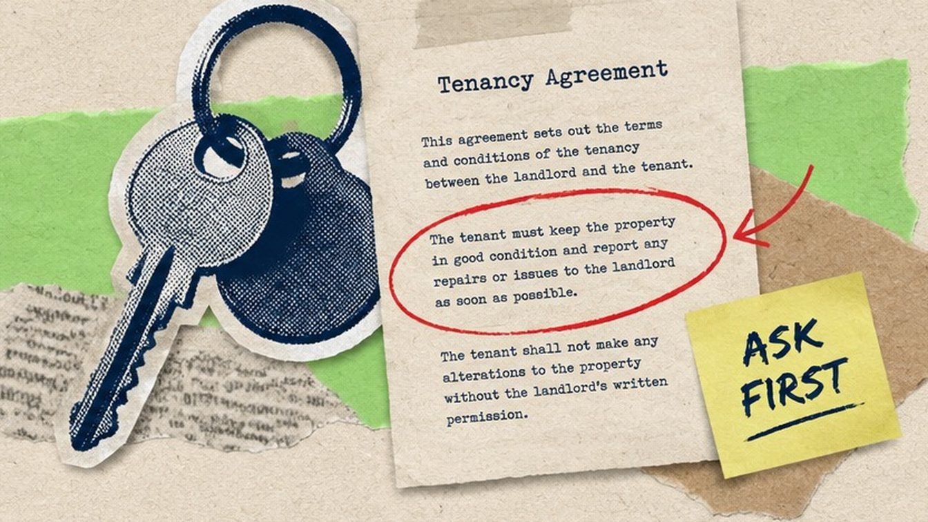 A cut-paper collage of a house key beside a tenancy agreement with one paragraph circled in red marker and a note reading ASK FIRST
