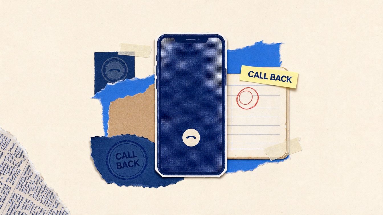 A cut-paper collage of a smartphone showing a hang-up button beside an address-book page with one number circled in marker and a note reading CALL BACK