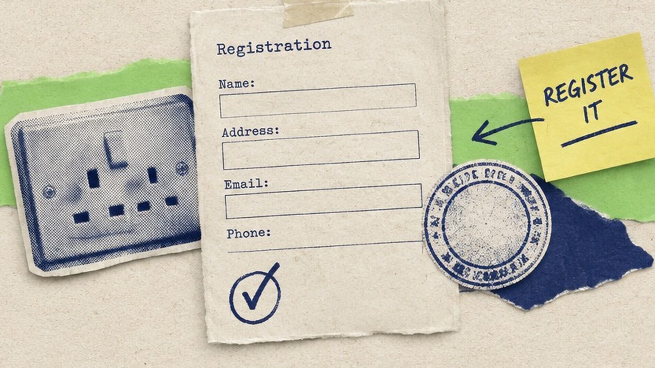 A cut-paper collage of a registration form with a tick, a wall socket and a stamp, with a note reading REGISTER IT