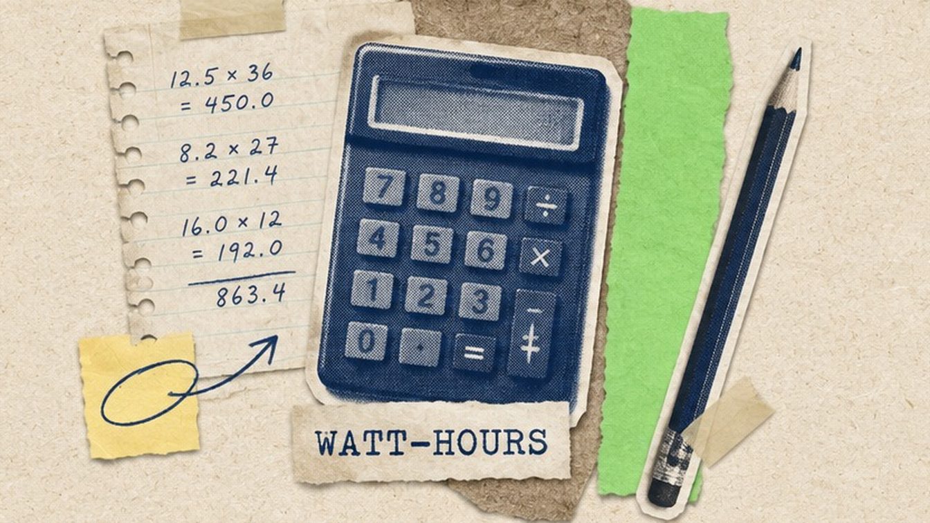 A cut-paper collage of a notebook page of sums beside a calculator and a caption reading WATT-HOURS
