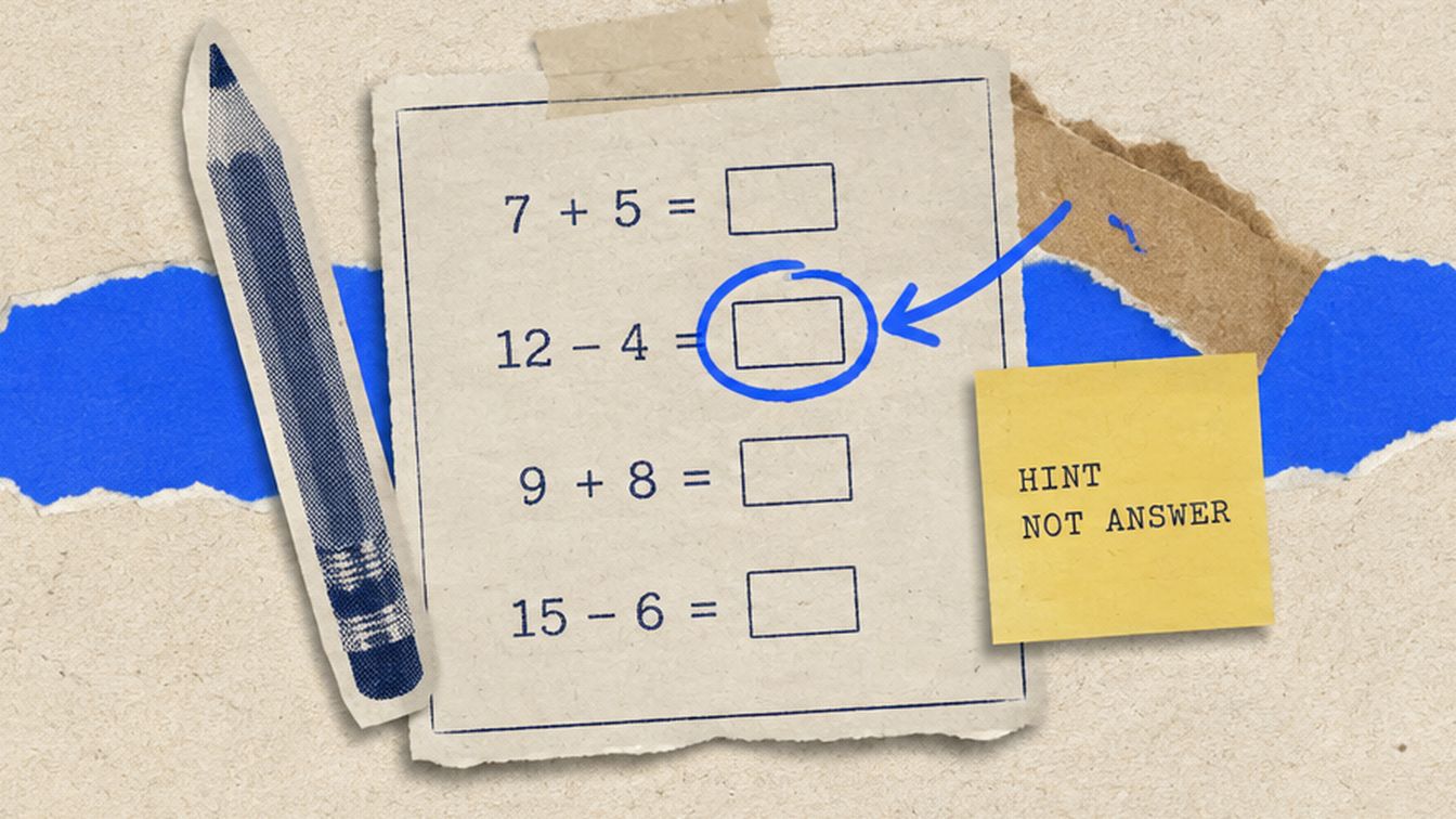 A cut-paper collage of a maths worksheet with one answer box circled, a pencil and a sticky note reading HINT NOT ANSWER