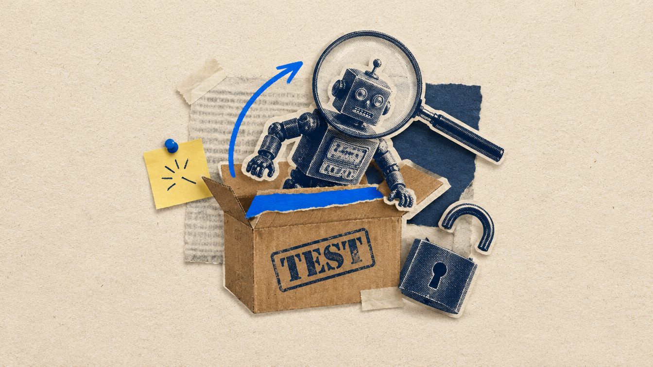 A cut-paper collage of a small paper robot climbing out of an open cardboard box marked TEST, with a padlock and a magnifying glass nearby