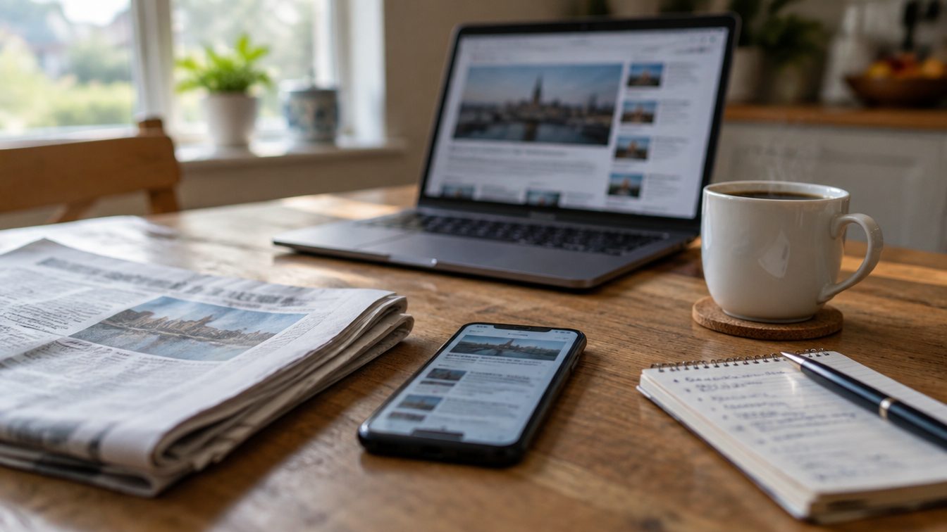 A kitchen table in morning light with a folded newspaper, a phone and a laptop showing blurred news headlines, a mug of coffee and a notepad with handwritten notes
