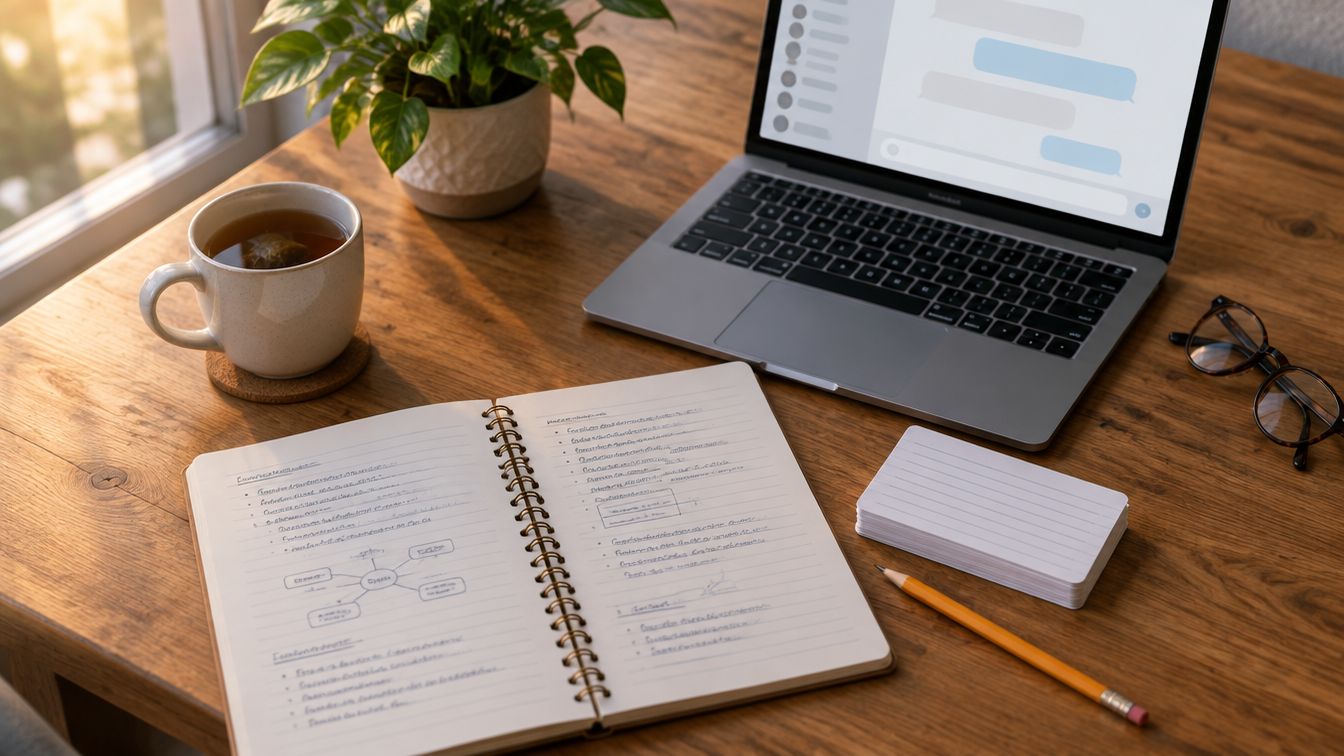 A wooden kitchen table in evening light with an open notebook of handwritten study notes, a stack of index cards, a pencil, a laptop showing a blurred chat window, a mug of tea and reading glasses