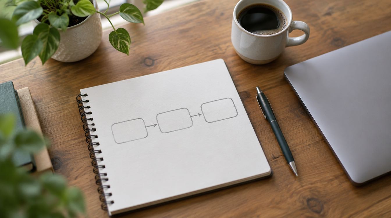An overhead view of a tidy desk with an open notebook showing a hand-drawn flow diagram of three boxes joined by arrows, beside a closed laptop, a mug of coffee and a small plant