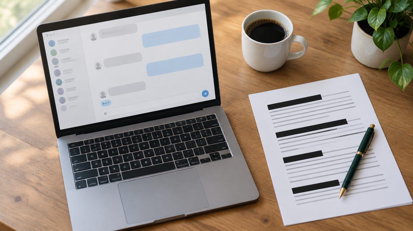 An overhead view of a wooden desk with an open laptop showing a blurred chat window with empty speech bubbles, beside a printed document with thick black bars redacting several lines of text, a green pen, a mug of coffee and a houseplant