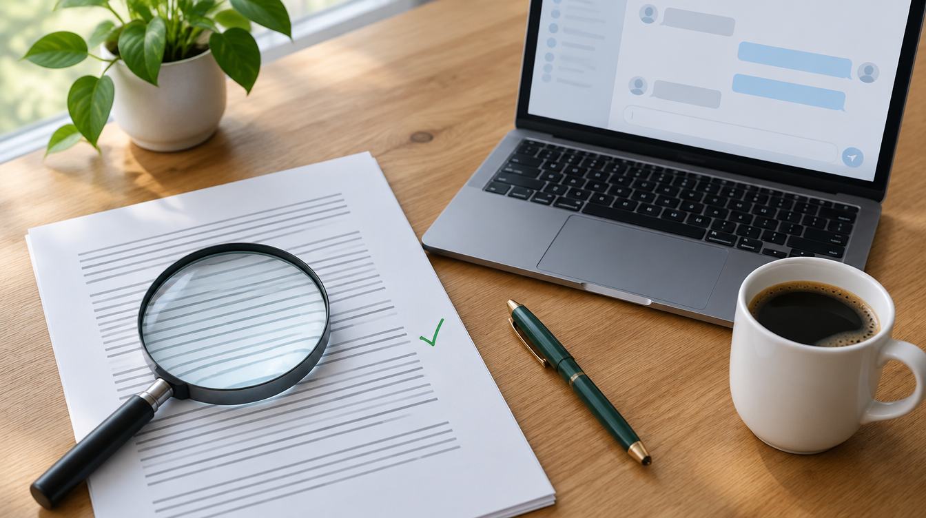 An overhead view of a wooden desk with a magnifying glass resting on a printed document marked with a green tick, beside an open laptop showing a blurred chat window, a green pen, a mug of coffee and a houseplant