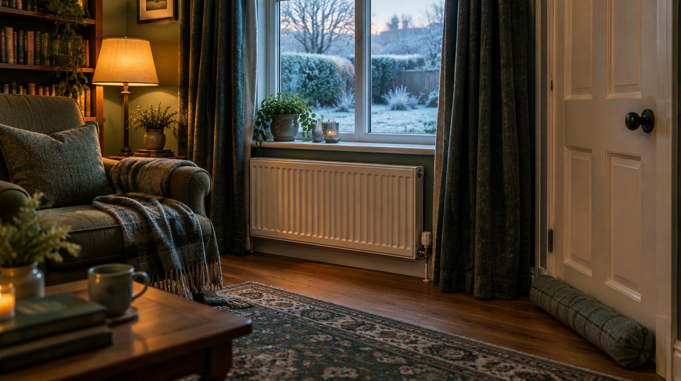 A cosy living room on a frosty day with a radiator and thermostatic valve under the window, thick thermal curtains and a draught excluder along the bottom of the door