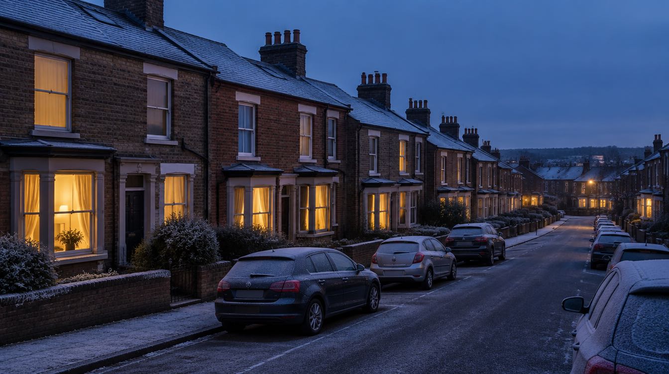 A frosty British terraced street at dusk, with warm light glowing from the ground-floor windows and frost on the parked cars and roofs