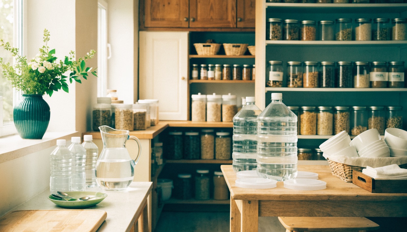 A sunlit kitchen pantry lined with labelled storage jars, with stacked water bottles and a filled jug on the table