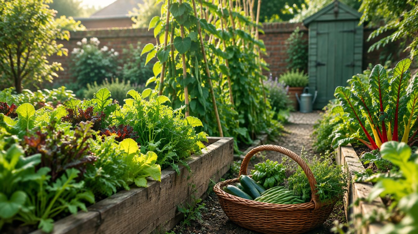 Raised beds of salad leaves and chard in a British back garden, with runner beans climbing bamboo canes and a wicker trug of freshly picked courgettes and beans