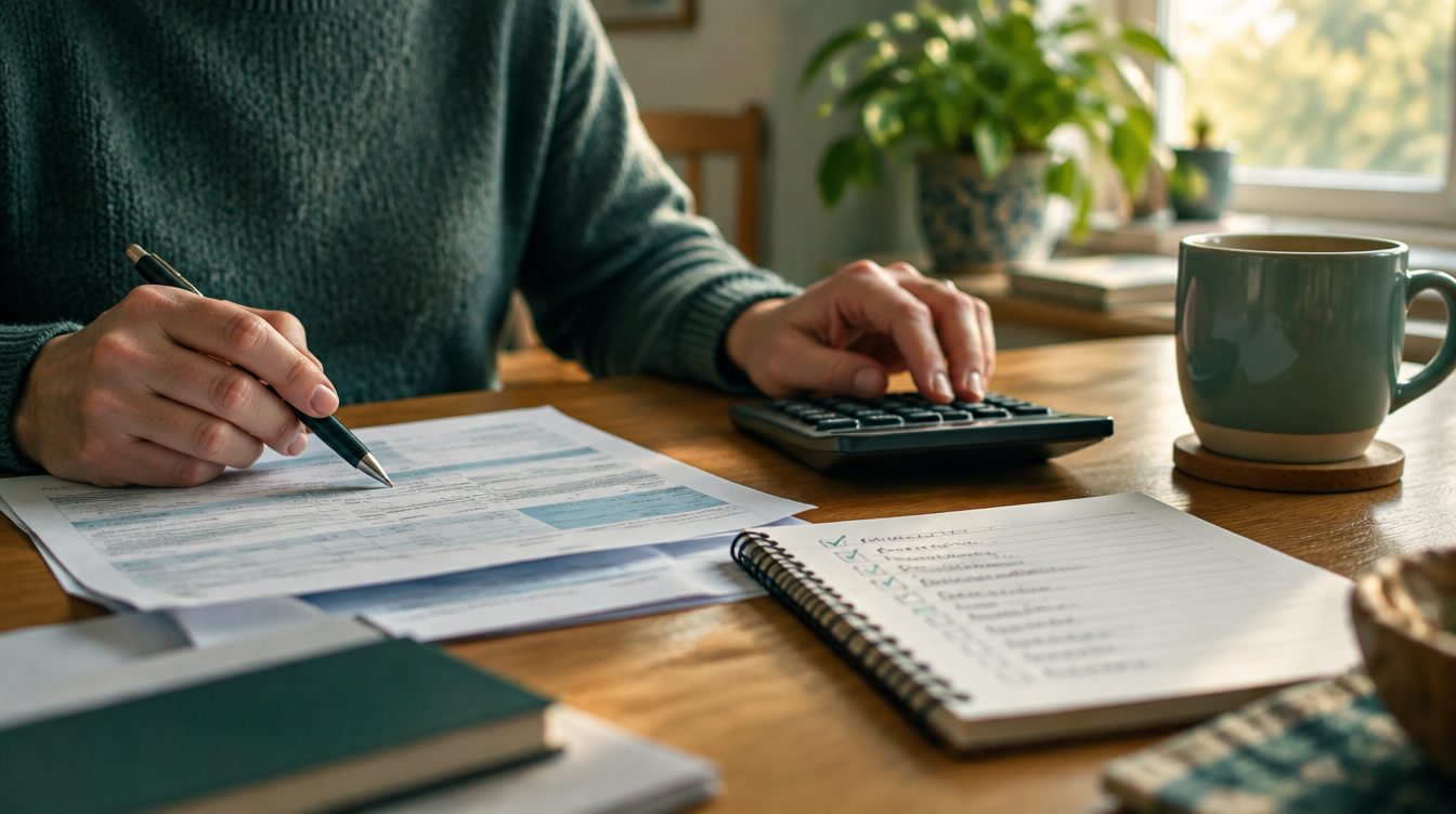Hands working through printed bank statements with a pen and calculator at a kitchen table, beside a mug and a notebook of ticked items