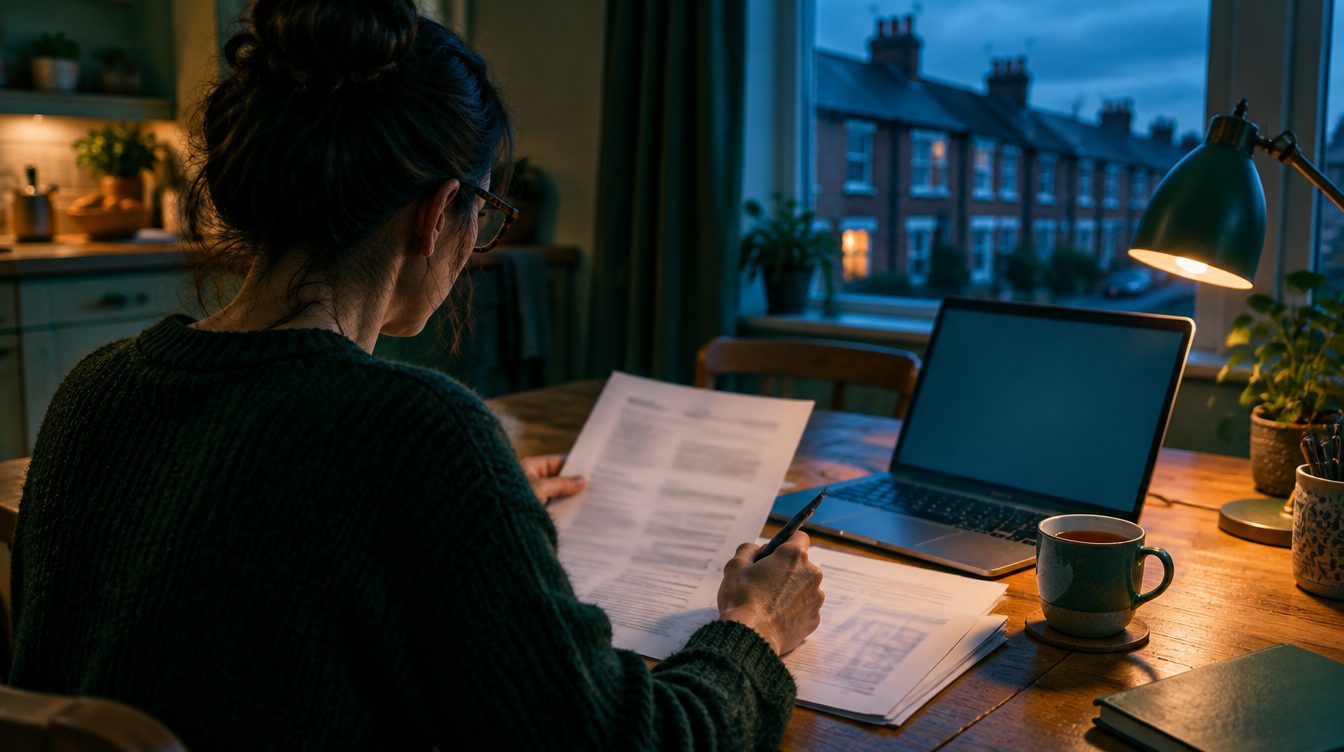 A person reviewing a printed document with a pen at a kitchen table in the evening, beside an open laptop, with terraced houses visible through the window