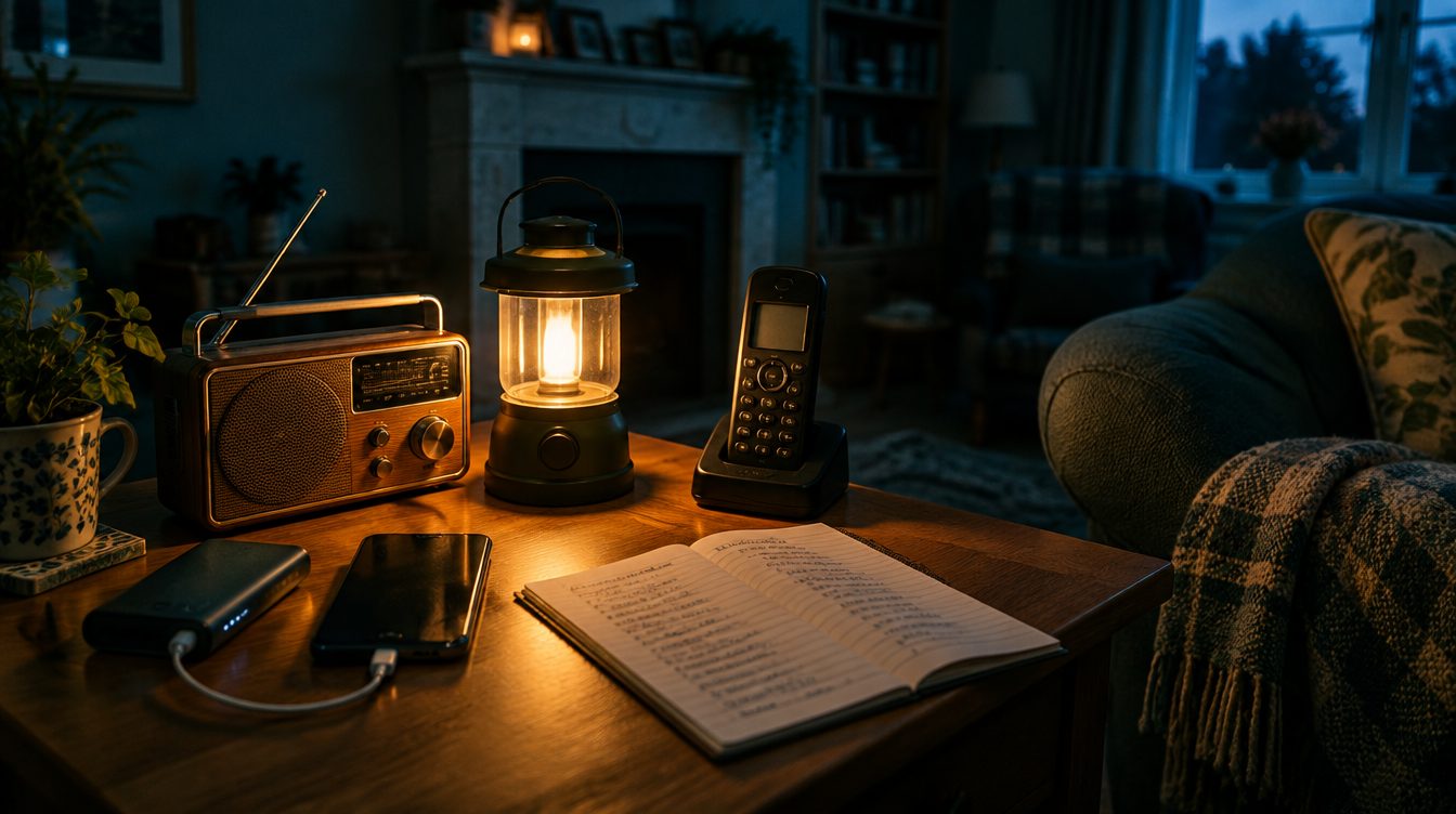 A lantern-lit side table during a power cut, with a wind-up radio, a phone charging from a power bank, a cordless home phone and a notebook of phone numbers