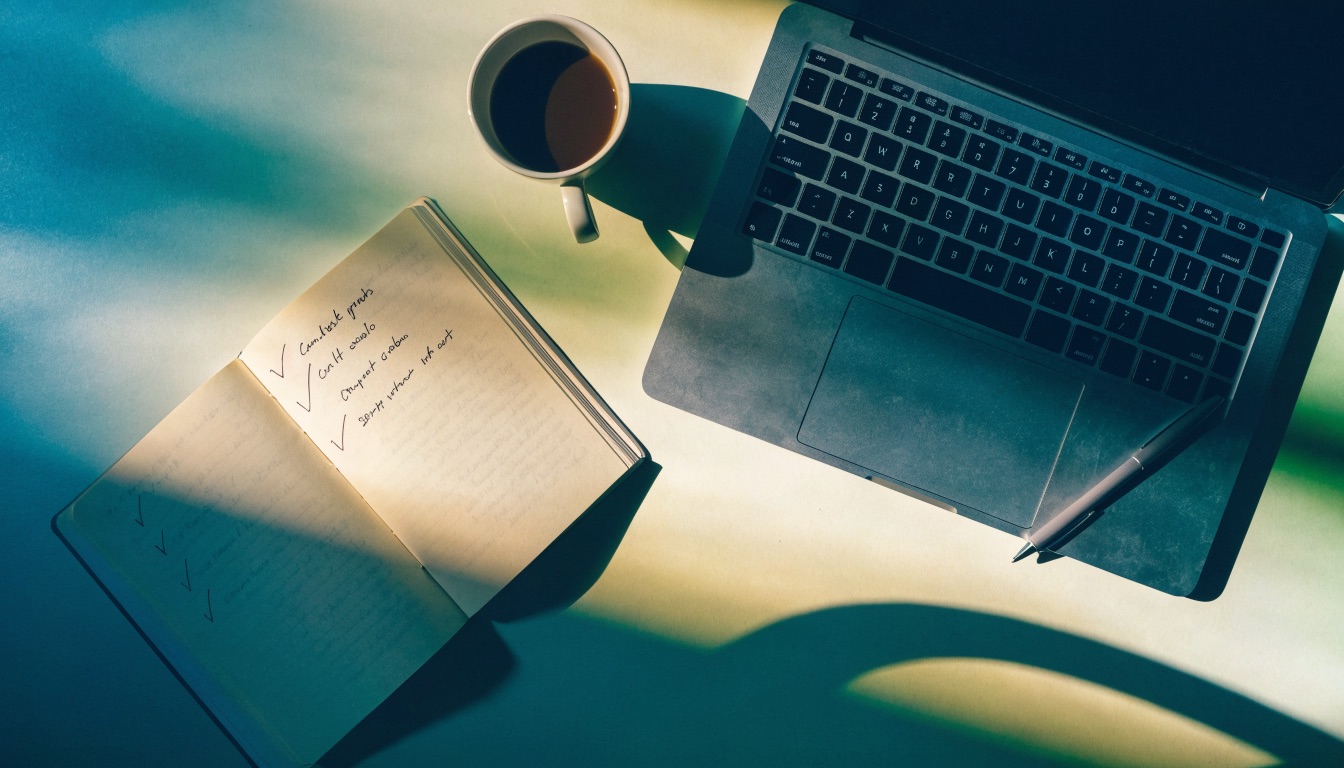 An open notebook showing a handwritten checklist with ticked items, beside a laptop and a cup of coffee