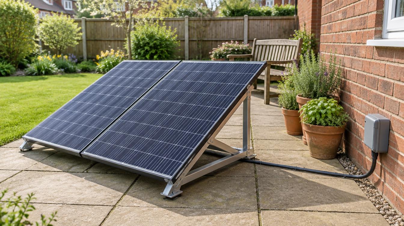 Two solar panels on a low angled frame on a garden patio beside a red-brick wall, with a single cable running to a closed weatherproof outdoor socket