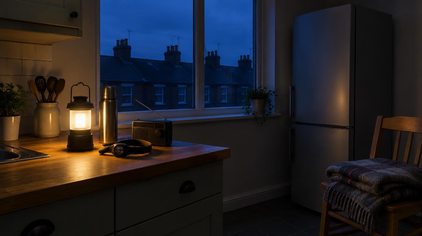 A British kitchen at dusk during a power cut, lit only by a small LED lantern on the worktop beside a flask, a head torch and a radio, with a closed fridge-freezer and darkened terraced rooftops through the window