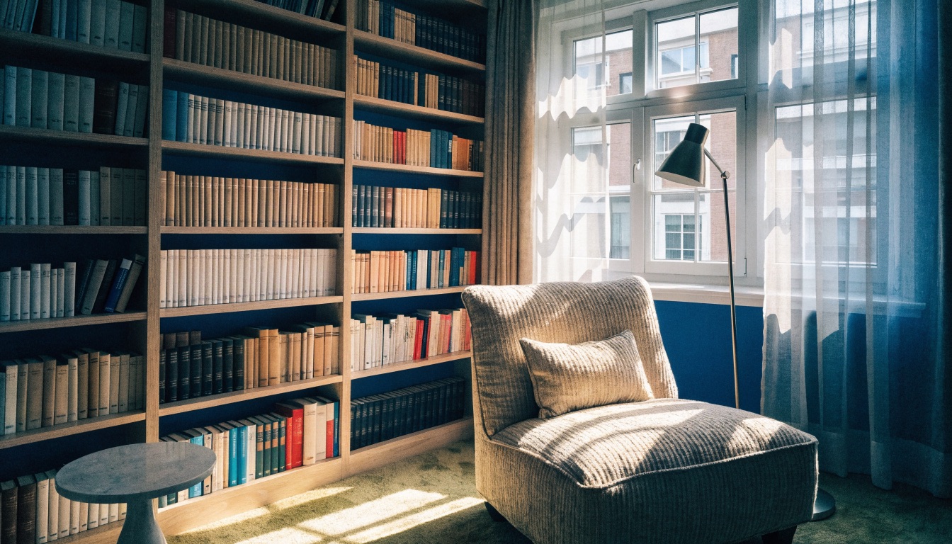 A reading corner with floor-to-ceiling bookshelves, an armchair and a floor lamp beside a sunlit window