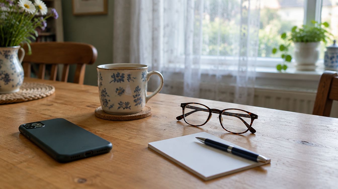 A smartphone lying face down on a wooden kitchen table beside a mug of tea, reading glasses and a small blank notecard with a pen