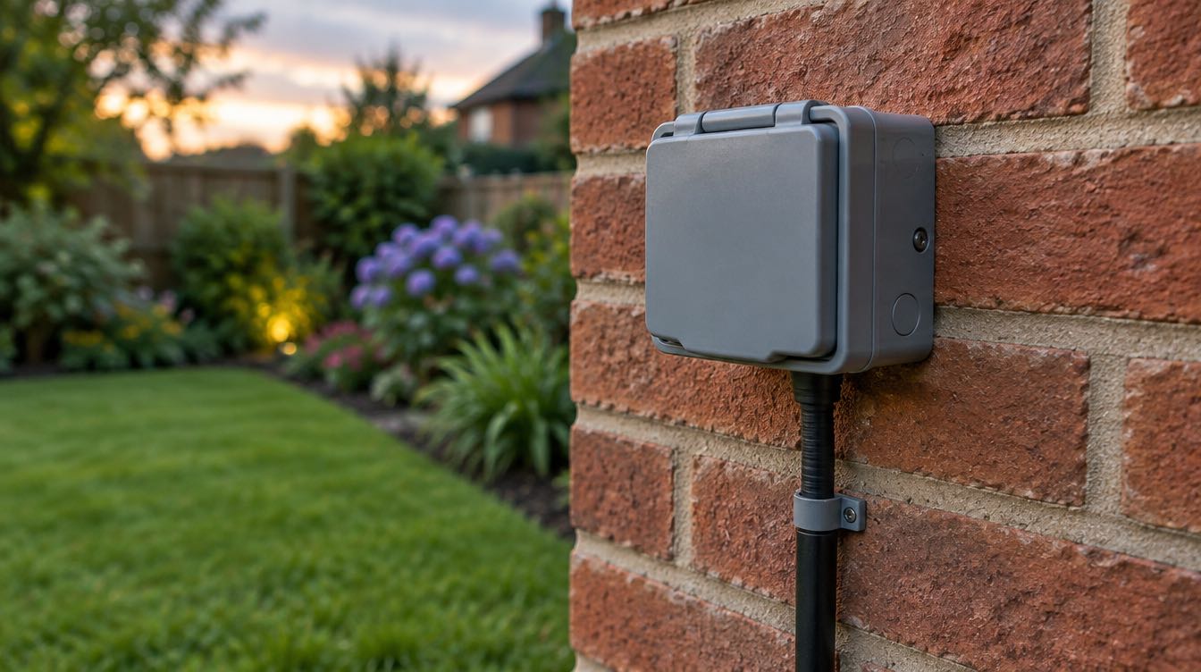 A closed grey weatherproof outdoor socket enclosure on a red brick wall with a black cable running down into a conduit, with a garden at dusk behind