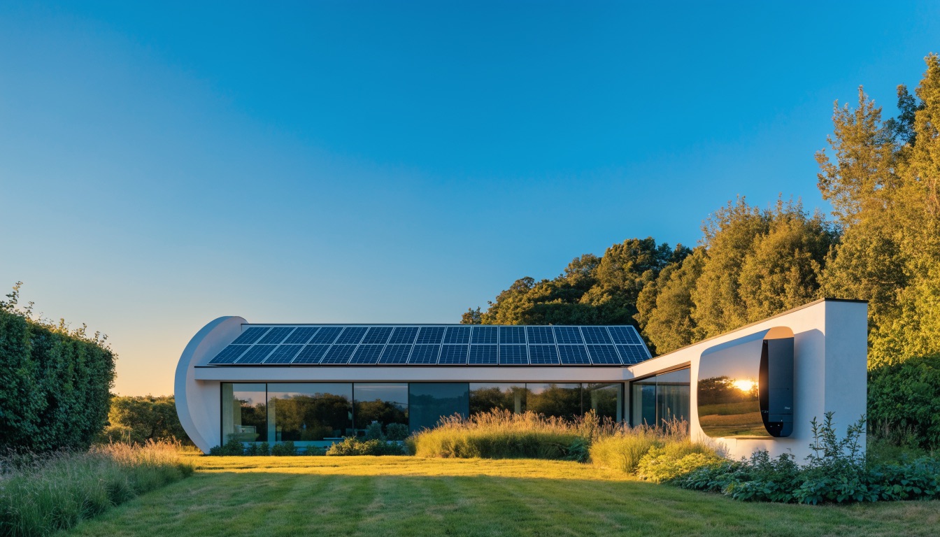 Solar panels and a home battery at dusk