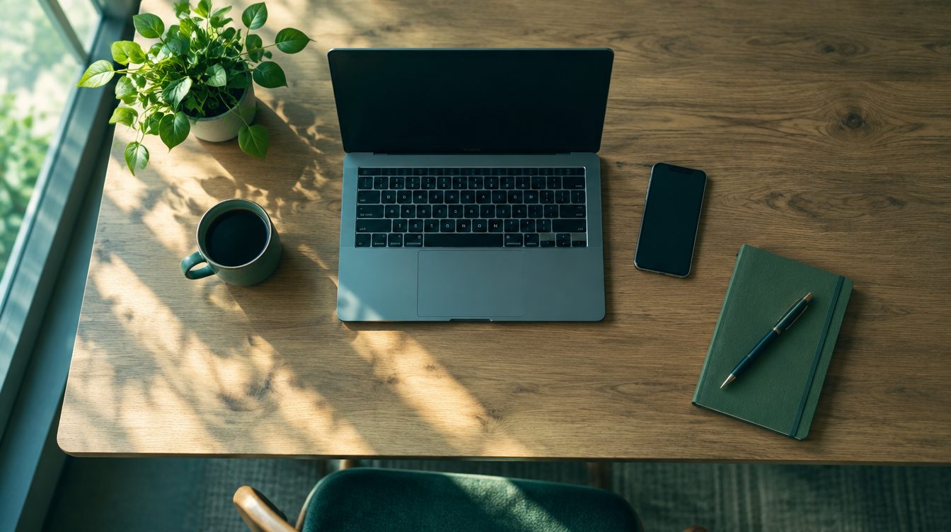 An uncluttered wooden desk seen from above with a single laptop, a phone, a notebook and pen, a cup of coffee and a small plant