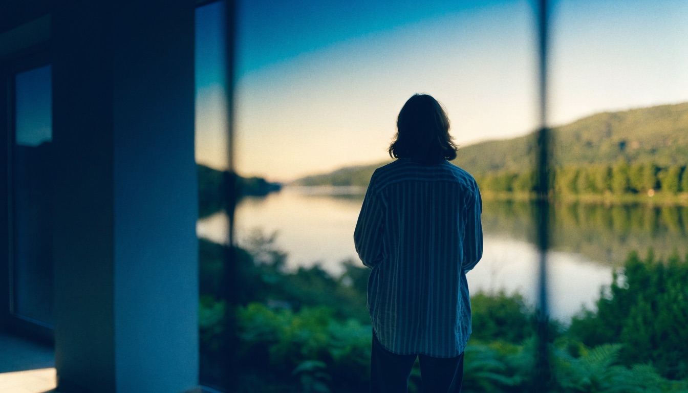 A person standing at a floor-to-ceiling window, looking out over a calm lake at dusk